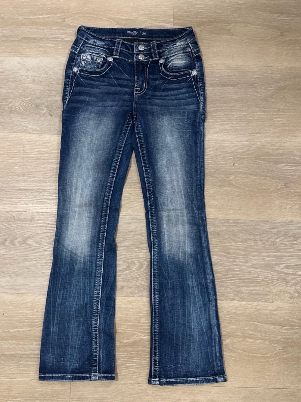 Miss Me Dark Blue Flare Jeans with Whiskered Fade